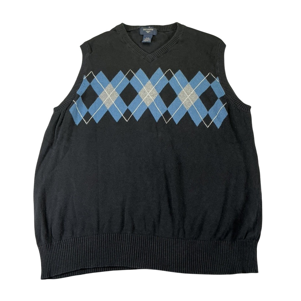 Dockers Sweater Vest Mens M Black‎ Argyle Cotton Preppy Golf Normcore